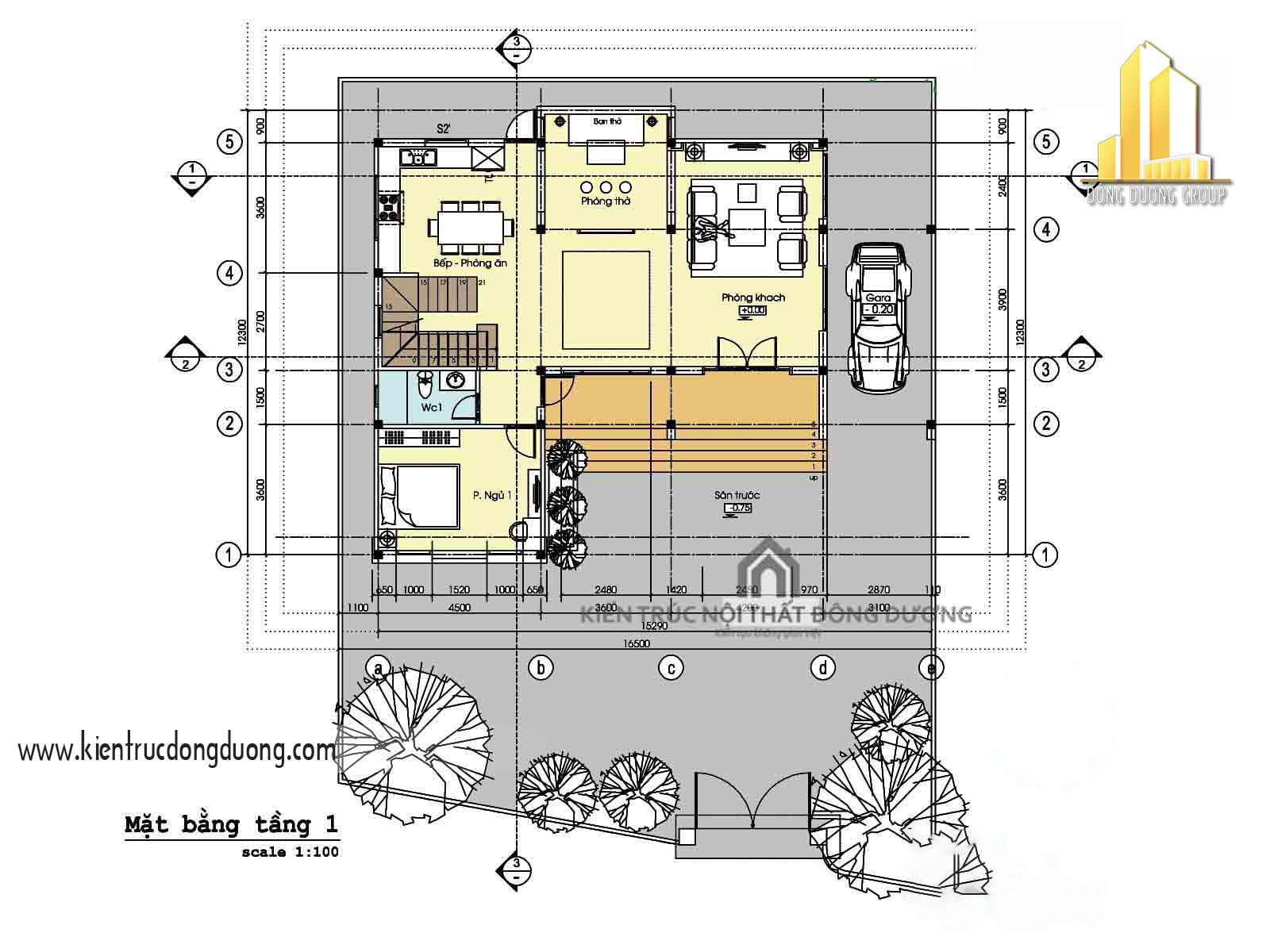 Thiết kế biệt thự 3 tầng chữ L - kientrucdongduong.com -Mặt bằng t1