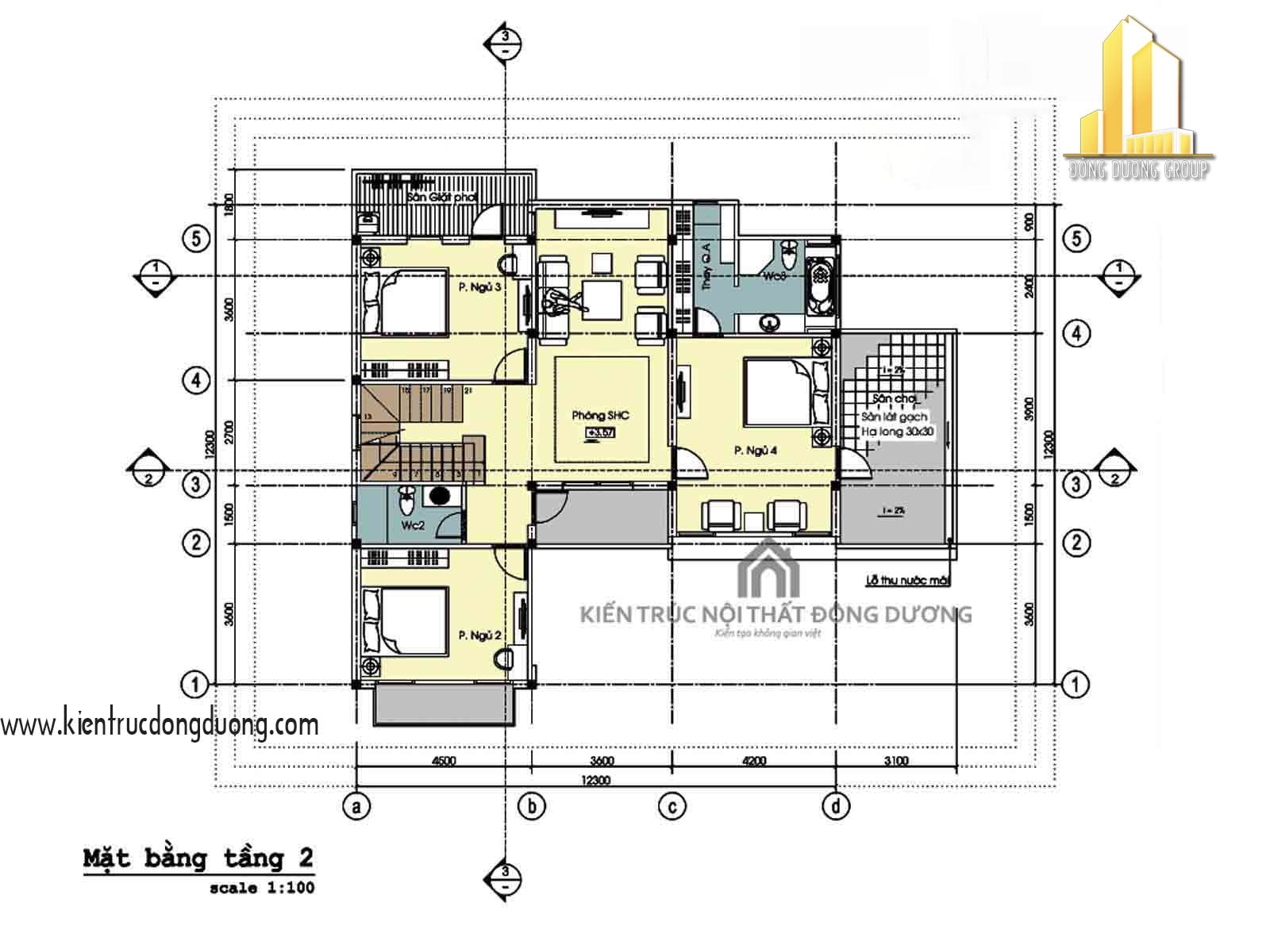 Thiết kế biệt thự 3 tầng chữ L - kientrucdongduong.com -Mặt bằng t2