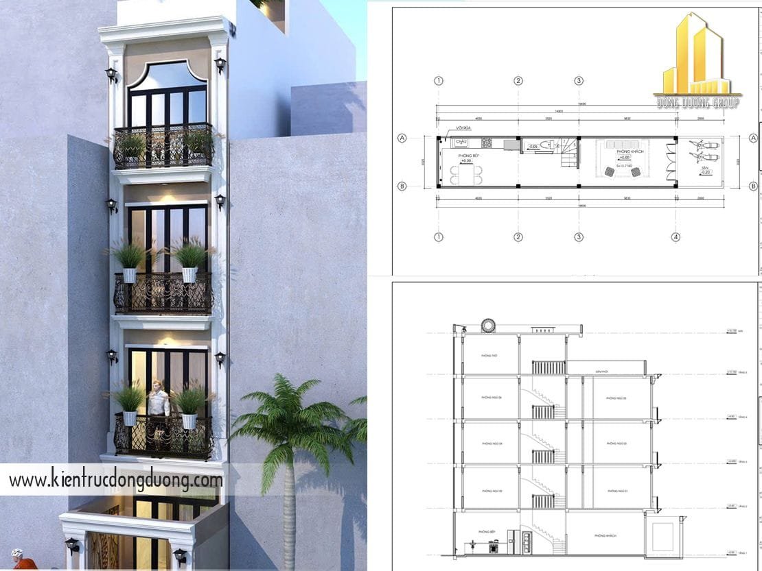 Thiết kế nhà mặt tiền 3m 5 tầng  phong cách tân cổ điển – NP2442