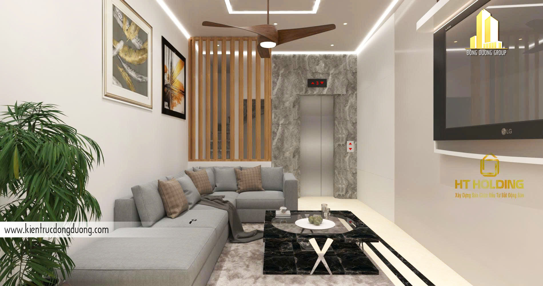 thiết kế nội thất phòng khách nhà phố mặt tiền 3m